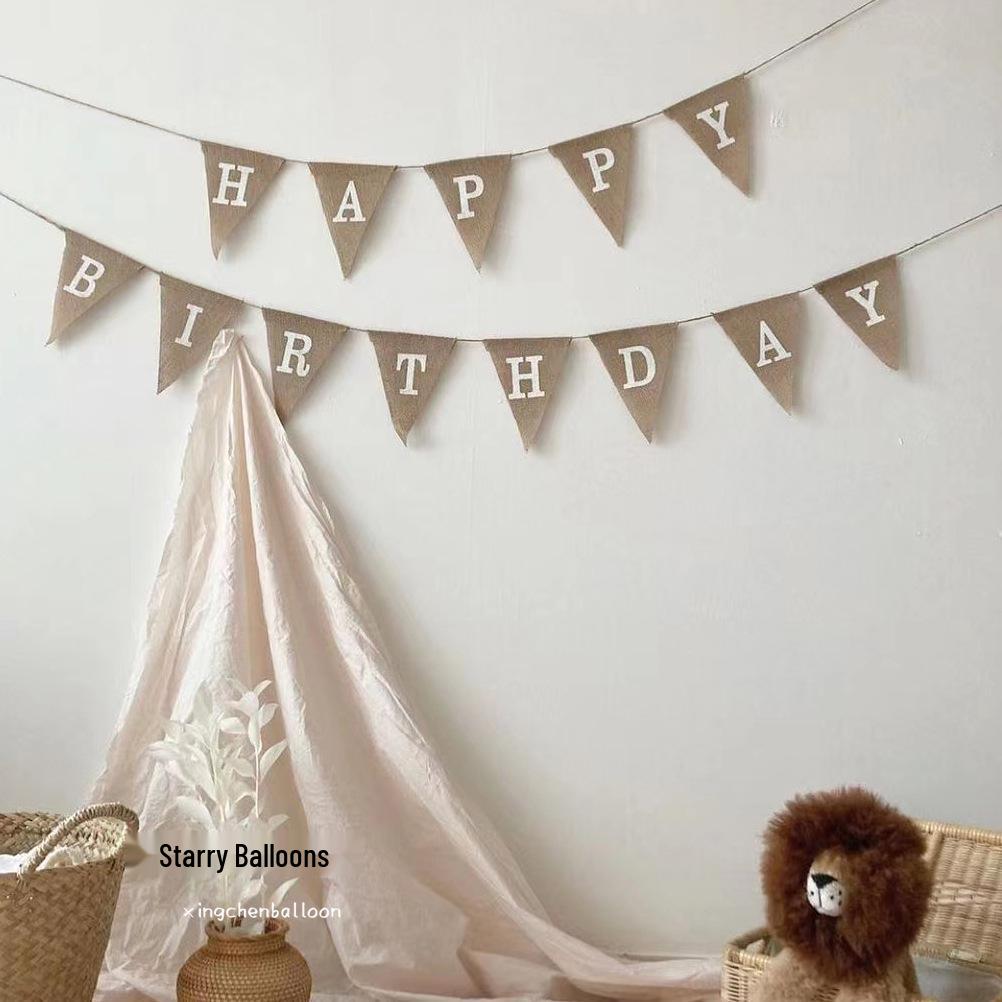 Mori-style Linen Birthday Pennant Banner for Baby's 1st Birthday or 100-Day Celebration Party Decoration