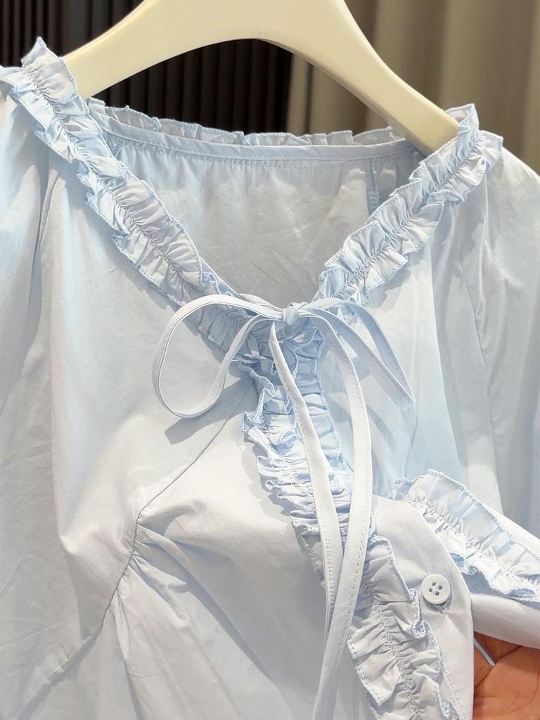 Korean Style Ruffle Patchwork Long-Sleeve V-Neck Lantern Top for Women - Spring Design