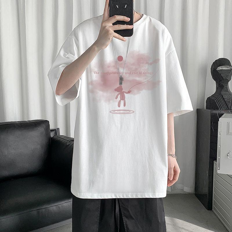 Pánské bílé letní volné tričko s krátkým rukávem z čisté bavlny s kresleným potiskem