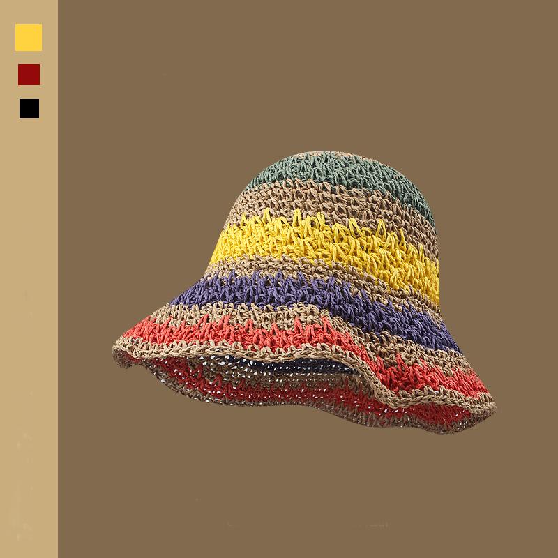 

Радужная соломенная шляпа рыбака ручной работы детская летняя маленькая свежая морская шляпа от солнца шляпа-котелок показывает маленькое лицо M（56-58cm） хаки