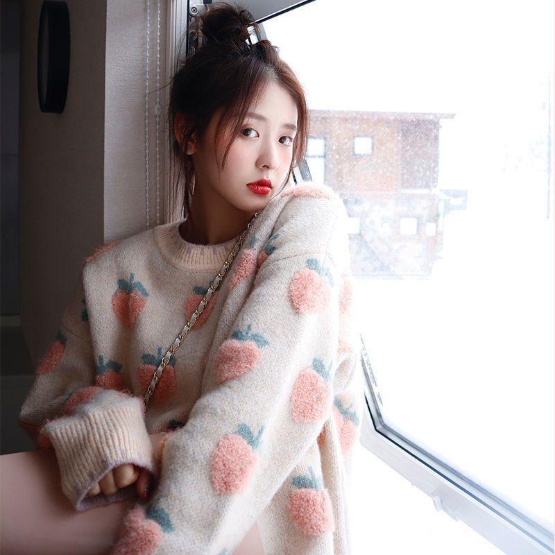 Women Peach Jacquard Solid Color Sweater Korean Loose Female Pullover Knitted Sweaters Autumn Lady Versatile Long Sleeved Tops