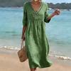 VEZFAA Women's Fashion Summer Spring Solid Color Print 1/2 Sleeves V-Neck Loose Waistline Casual Dresses