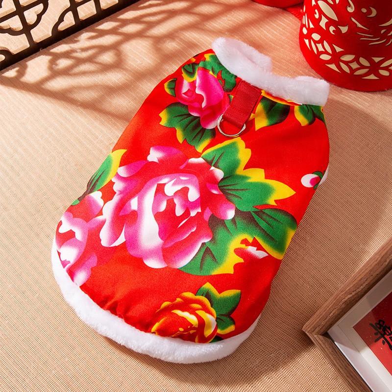 Autumn and Winter Ethnic Wind Northeast Big Flower Padded Jacket Dog Clothes Small and Medium Dog Teddy Chinese New Year Festive Pet Clothes