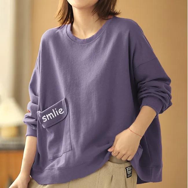 Spring and Autumn Cotton Sweater Pockets Loose All-match Round Neck Bottoming Top Women