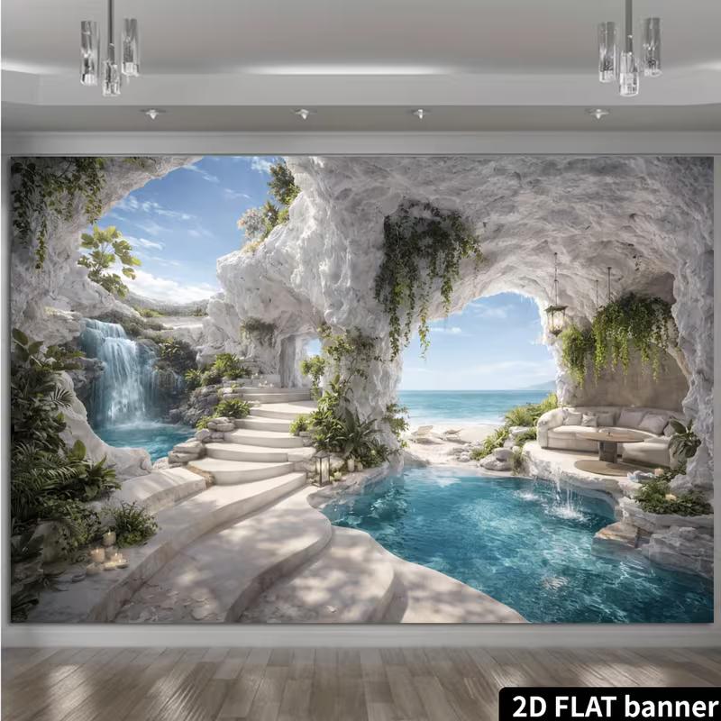 2D Beach Waterfall Cave Photography Background for Vacation Decor