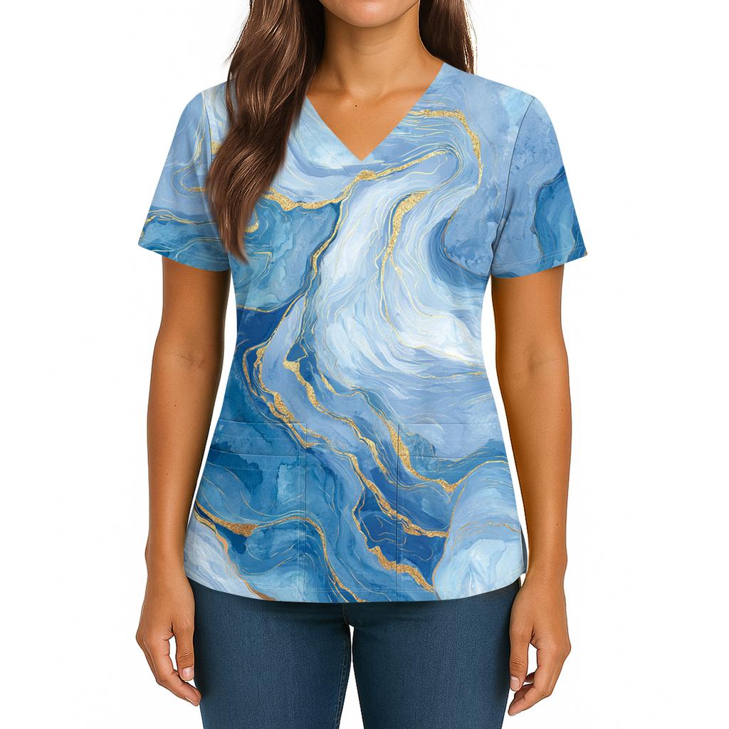 Women's Gradient Print V-Neck Double Pocket Short Sleeves Hem Slit Uniform Caregiver Top