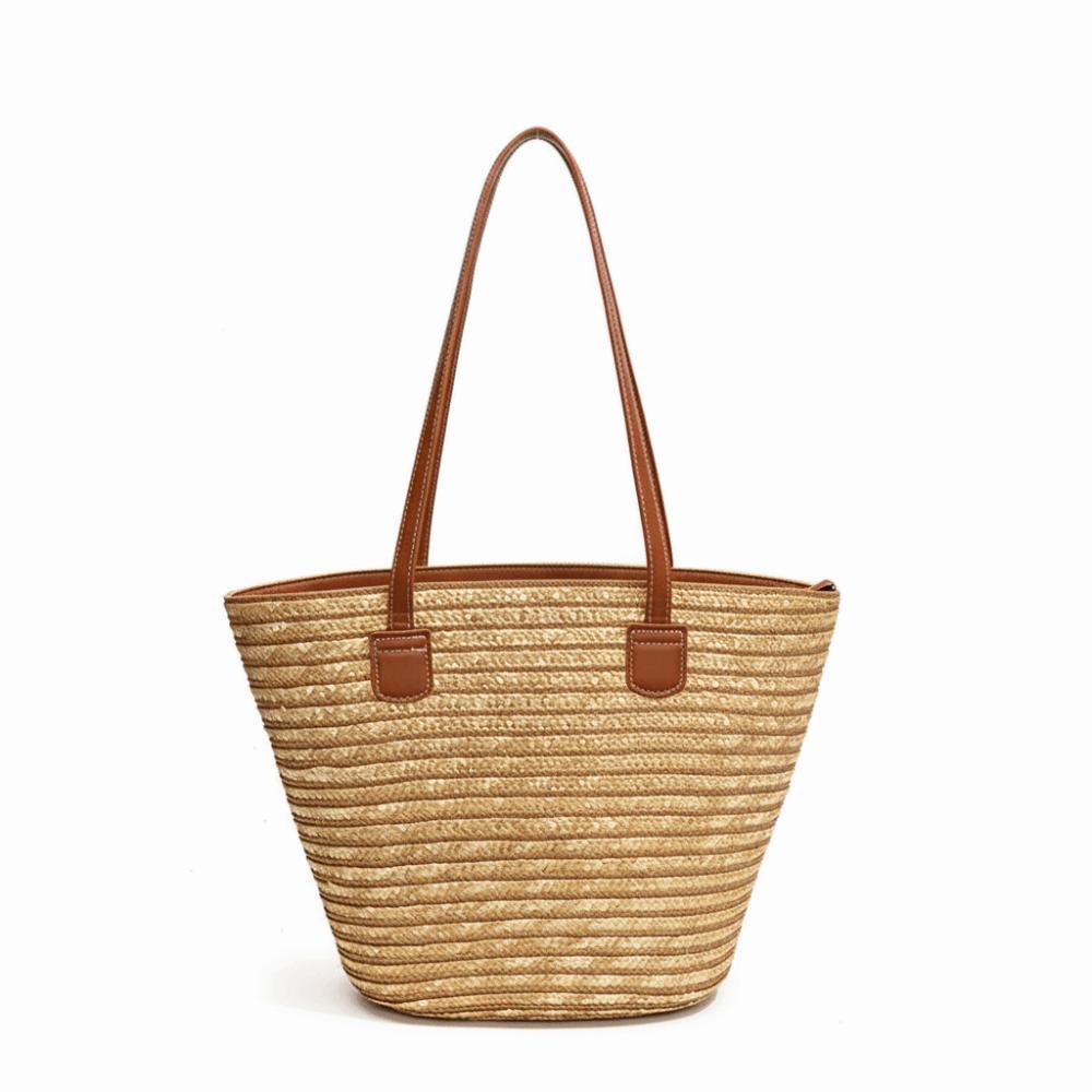 Fashion Straw Tote Bag Stripe Large Capacity Woven Shoulder Bag Square with Zipper Vacation Beach Bag