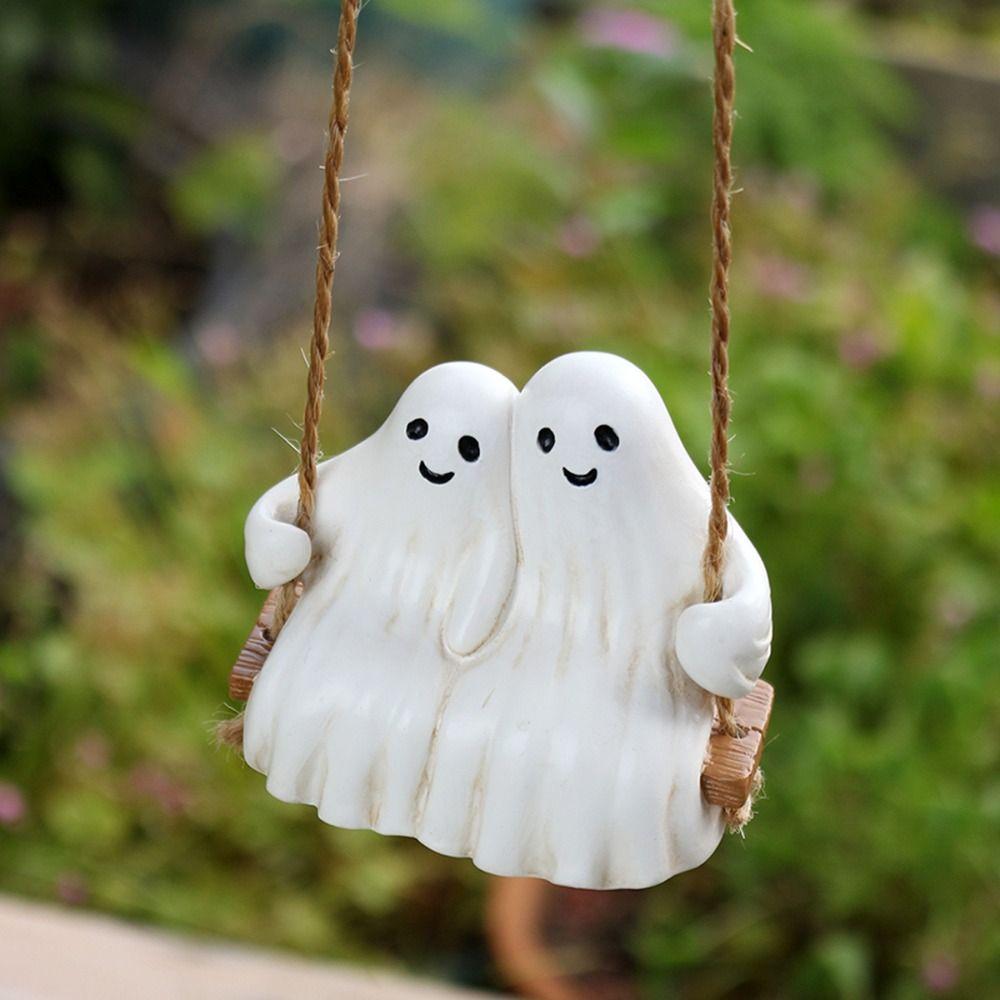 Resin Swinging Ghost Couple Ornament Cute Aesthetic Ghost Statue Pendant Waterproof Miniatures Figurine Sculpture Outdoor