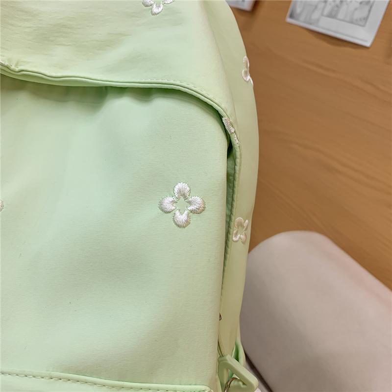 Cute Floral Embroidered Nylon Backpack for Women & Teens – Pastel Green Design with Multiple Pockets, Perfect for School and Daily Use