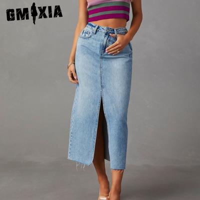 Jeansrock mit Schlitz Damen High Waist Gewaschener A-Linien-Rock Mittellang