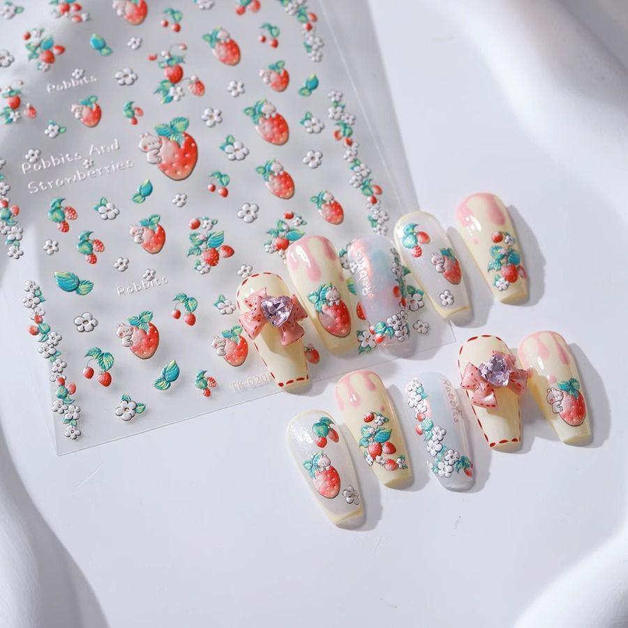 3D Frosted Strawberry Nail Art Stickers - Self-Adhesive DIY Decoration