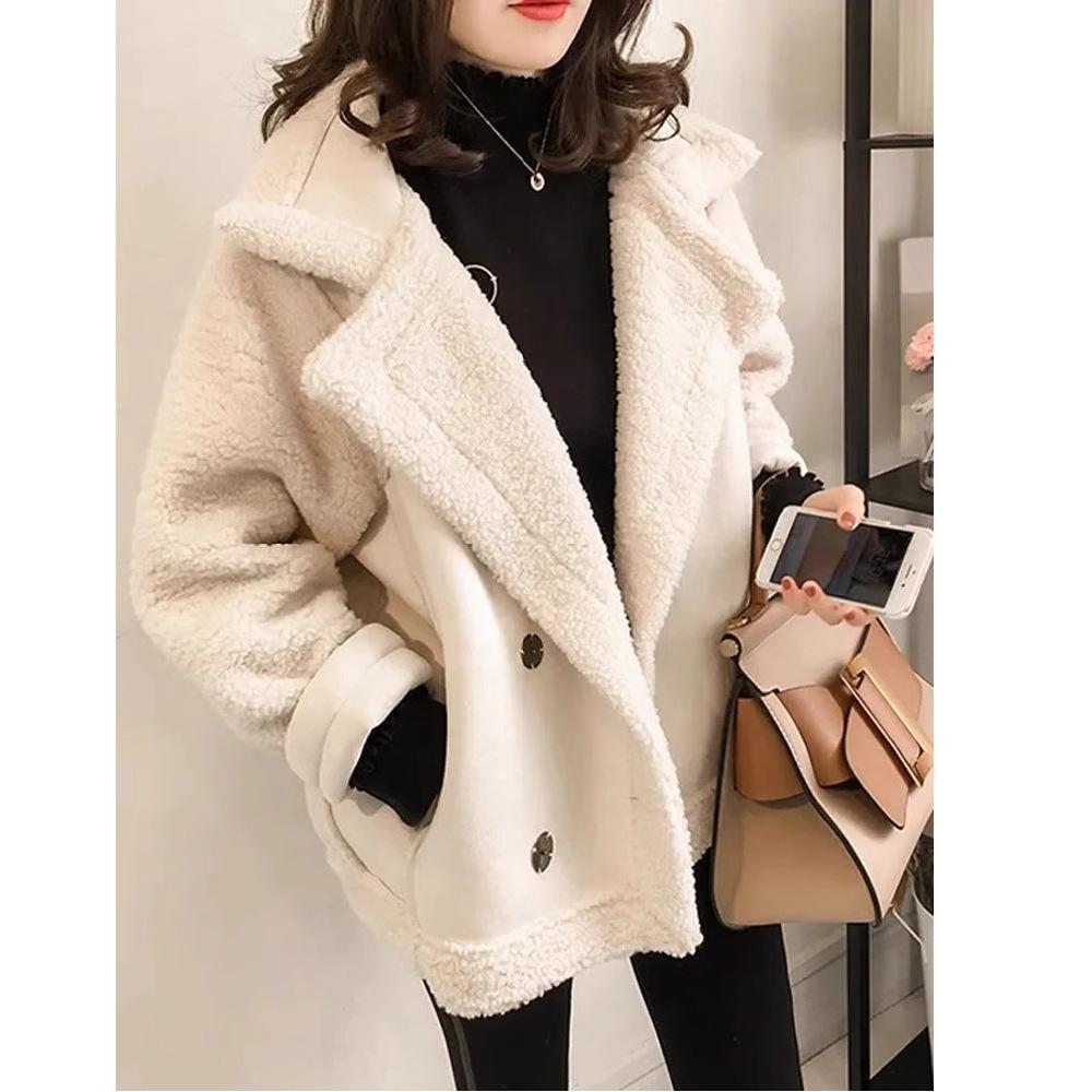 Women's Motorcycle Jacket - Faux Lamb Wool, Autumn/Winter, Particle Velvet, Thickened Leather & Fur Blend, Small Size.