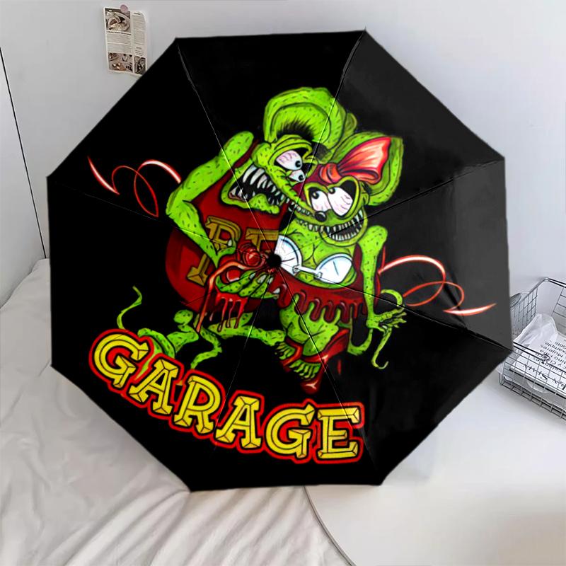 1pc Rat Fink pattern Umbrella Portable Folding Umbrella Iron Frame Hole Bone Structure Outdoor Home Umbrella