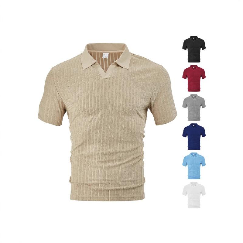 Men's Summer Casual Breathable Towel Jacquard Fabric Lapel Men's Striped Short Sleeved Shirt