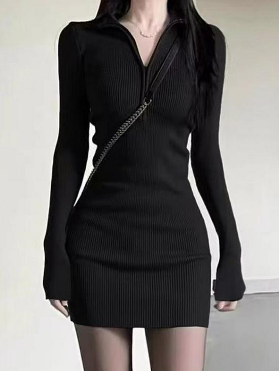 Pure Desire Zippered High-Neck Slim Fit Long Sleeve Bodycon Little Black Dress for Women – Autumn Hot Girl Style