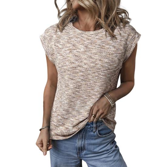 Women Tops Round Neck Short Sleeves Waffle Texture T-shirt Pure Color Loose Fit Knitted