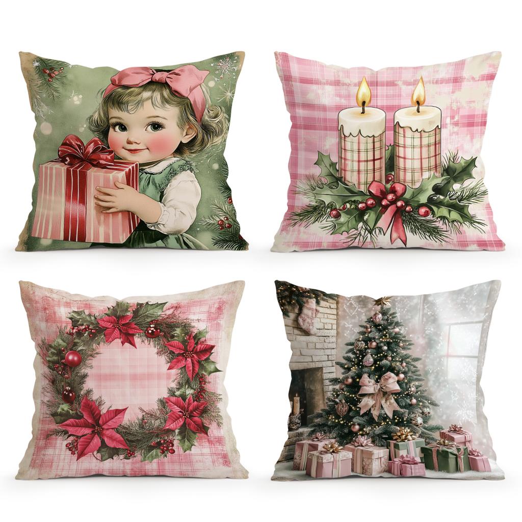 Vintage Christmas Cushion Pillowcase Printed Polyester 45X45Cm Throw Pillowcover Decorative Sofa Cushion Pillowslip Home Decor