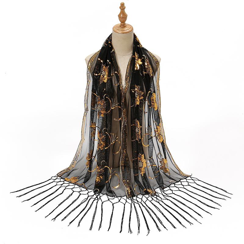 New Sequined Peacock Tassel Embroidered Long Scarf for Women  Fashionable and Versatile National Style Shawl Thin Silk Scarf