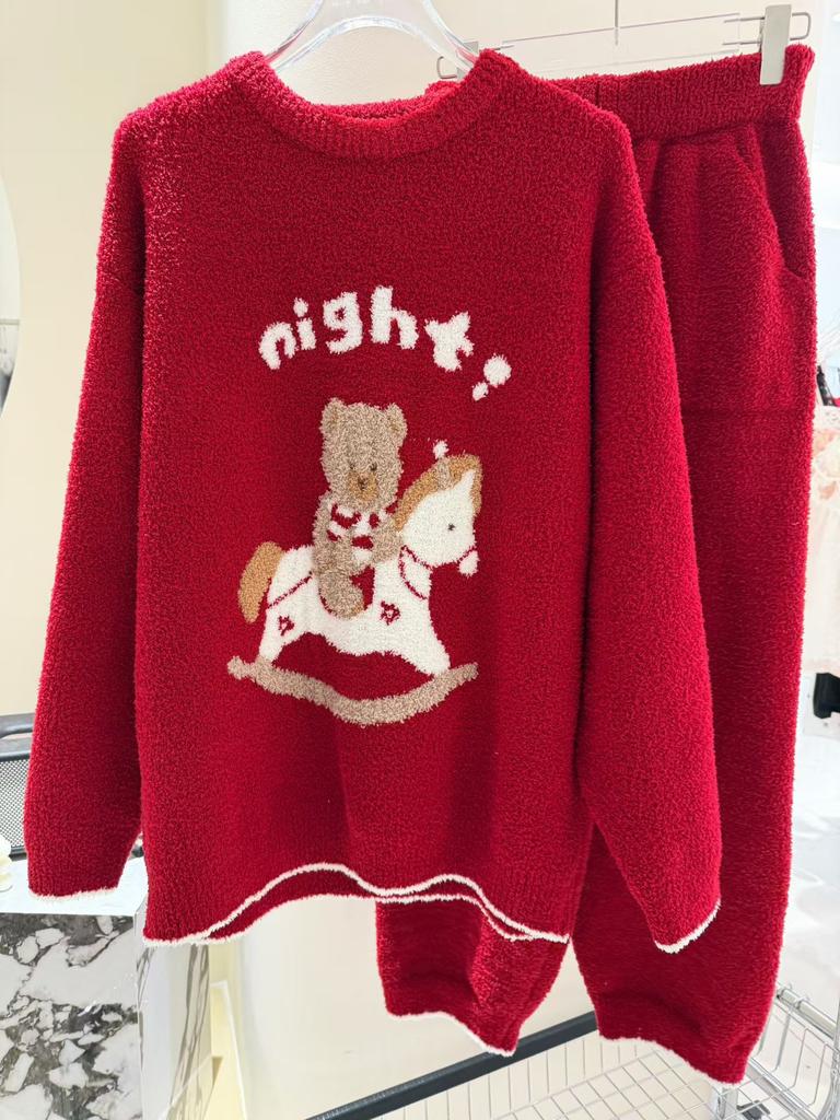 Cartoon bear sweet cute pajamas loose outer wear round neck pullover soft waxy thickened lazy style women's loungewear