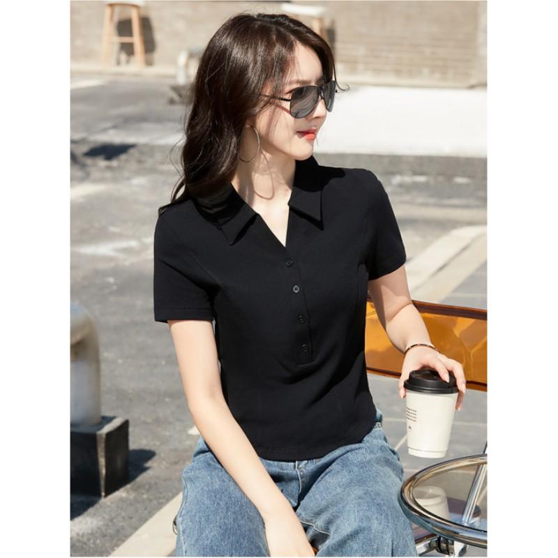 Women's Summer Button Lapel Short Stretch Top Temperament Slim High-waisted Half-sleeve T-shirt