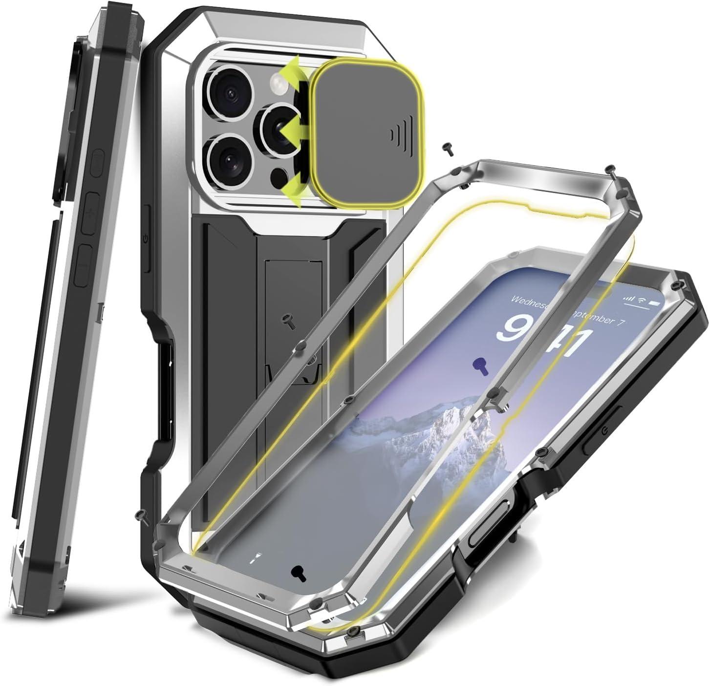 Metallhülle für iPhone 16e 16 Plus 16 Pro Max Militärisch Robust Stoßfest Staubdicht Stoßfänger Linsen-Schiebdeckel iPhone 16 Pro silber