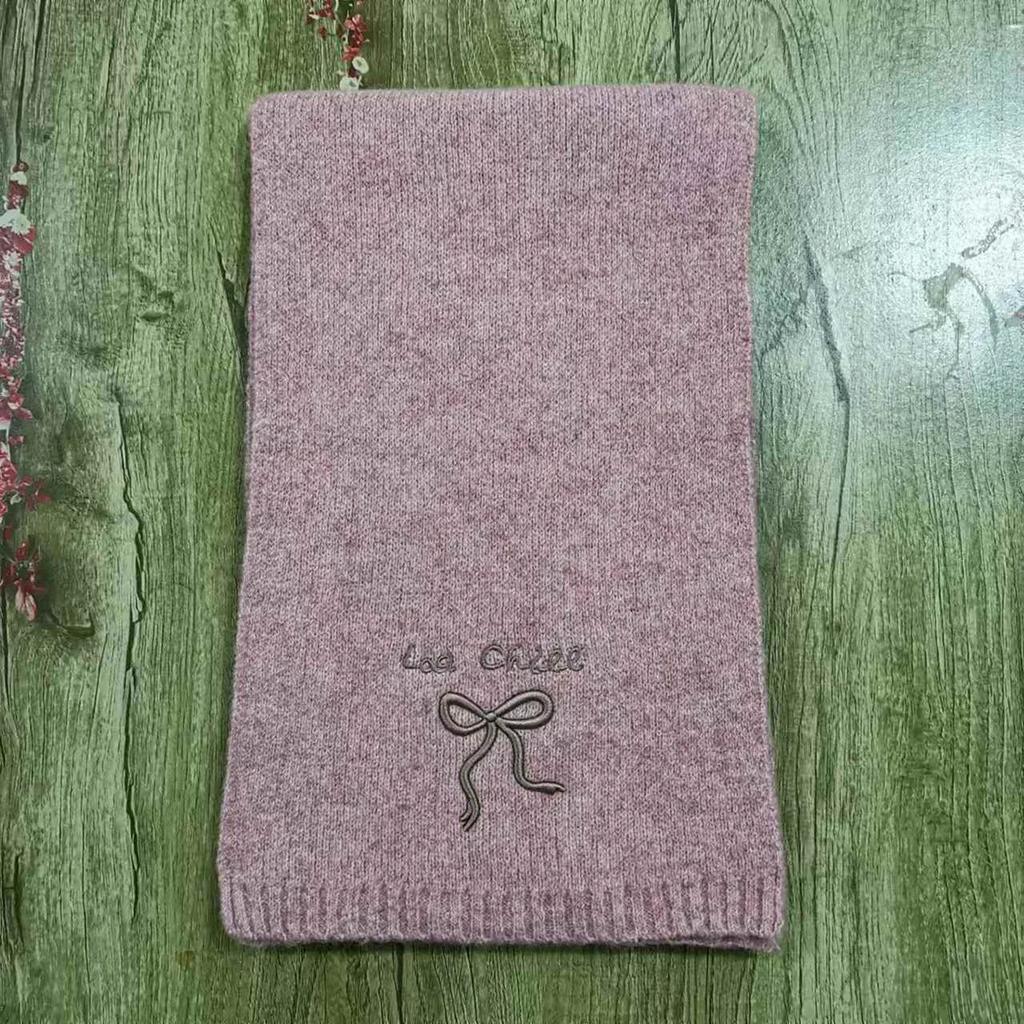 Solid Color Bow Embroidered Scarf Korean Fashion Women Sweet Autumn Winter Imitation Cashmere Knitted Scarves Thicken Soft Shawl