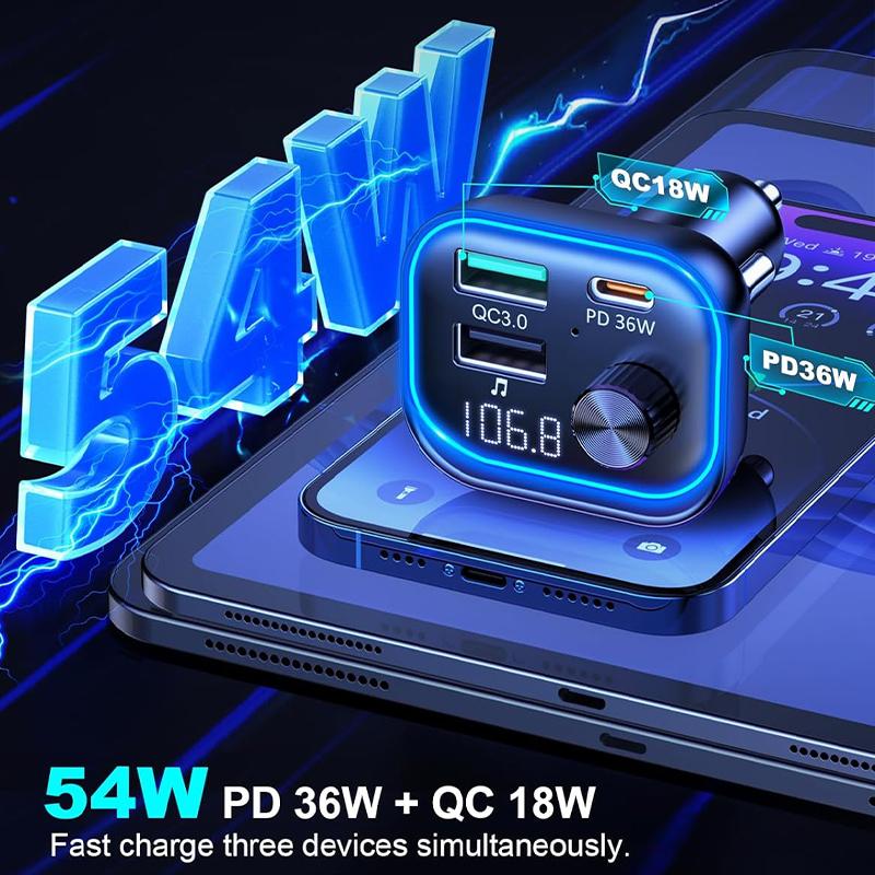 FM-Transmitter Bluetooth 5.3 Kfz-Adapter 54W Max mit PD36W und USB-Schnellladeempfänger Freisprechanruf USB-Disk Musikplayer