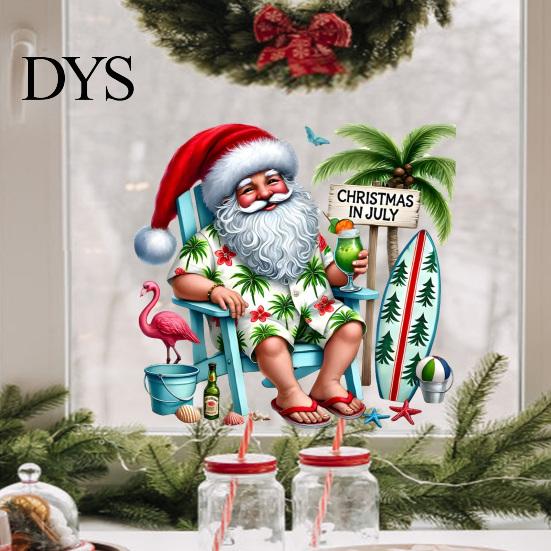 Outdoor Holiday Store Window Art Summer Christmas Static Cling, Beach Santa Claus Glass Sticker, Large Floor to Ceiling Decor Waterproof PVC