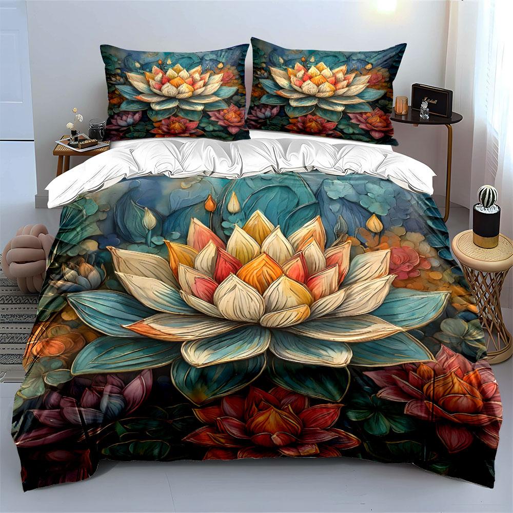 Colorful Lotus With Vibrant Leaves Print Bedding Set 1 Duvet Cover 2 Pillowcases For Adult And Children Luxury Gift Full Size