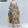 Dimanaf Plus Size Women 2023 New Summer Style Dress Short Sleeve O-Neck Floral Loose Dress Linen Basic Dresses