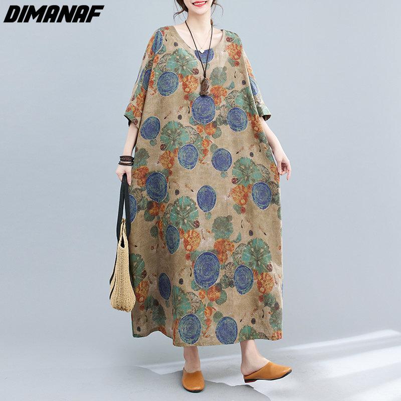 Dimanaf Plus Size Women 2023 New Summer Style Dress Short Sleeve O-Neck Floral Loose Dress Linen Basic Dresses