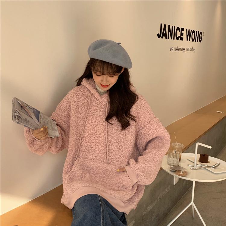 Plus Size Women's Faux Lambswool Bear Ear Hoodie - Loose Fit for Autumn/Winter