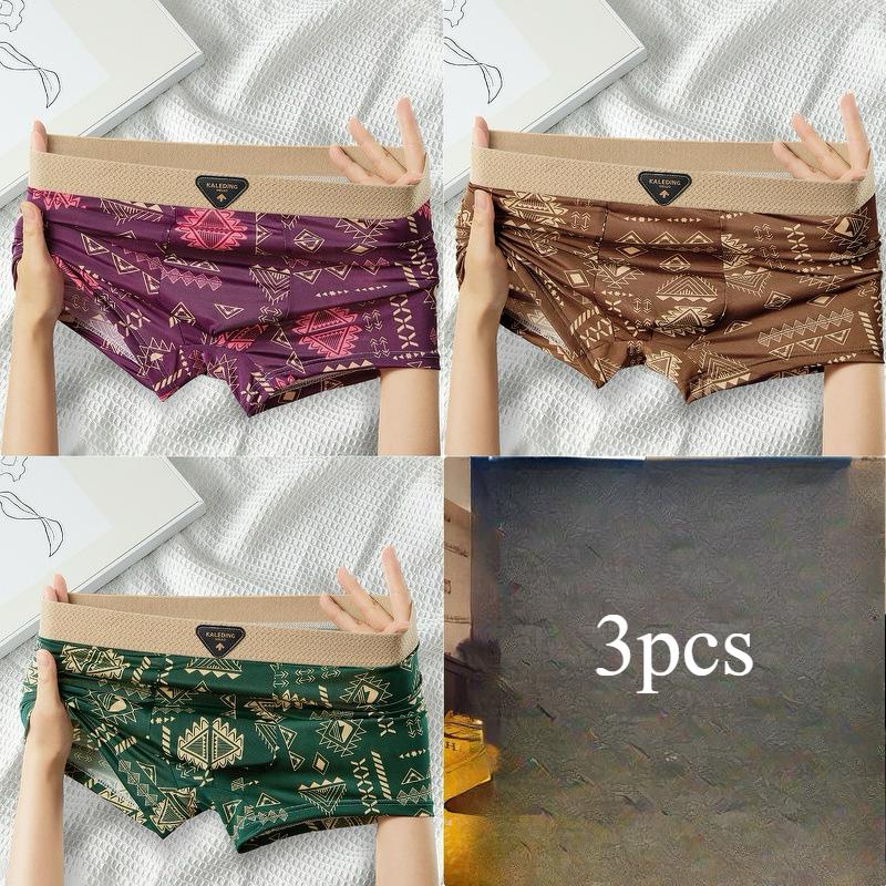 3pcs American Men's Underwear Retro Men's Underwear Ice Silk Breathable Flat Corner Pants Printed Four Corner Pants Boxer Brief