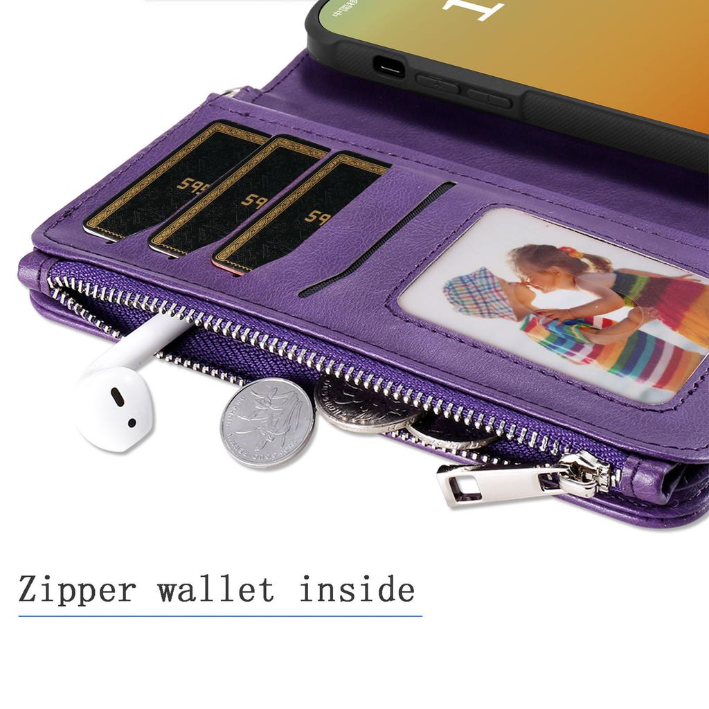 For iPhone 15 Pro Max Magnetic Leather Case Mobile Cover with Detachable Zipper Wallet Strap