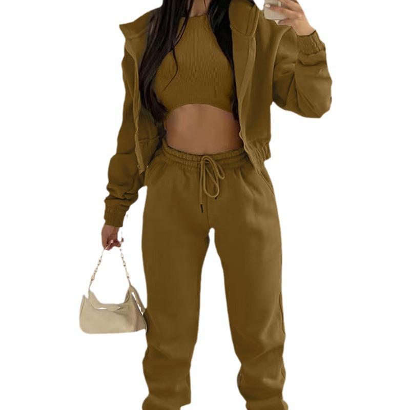 2025 Spring Women's Solid Color Hoodie & Casual Sport Pants 3-Piece Set