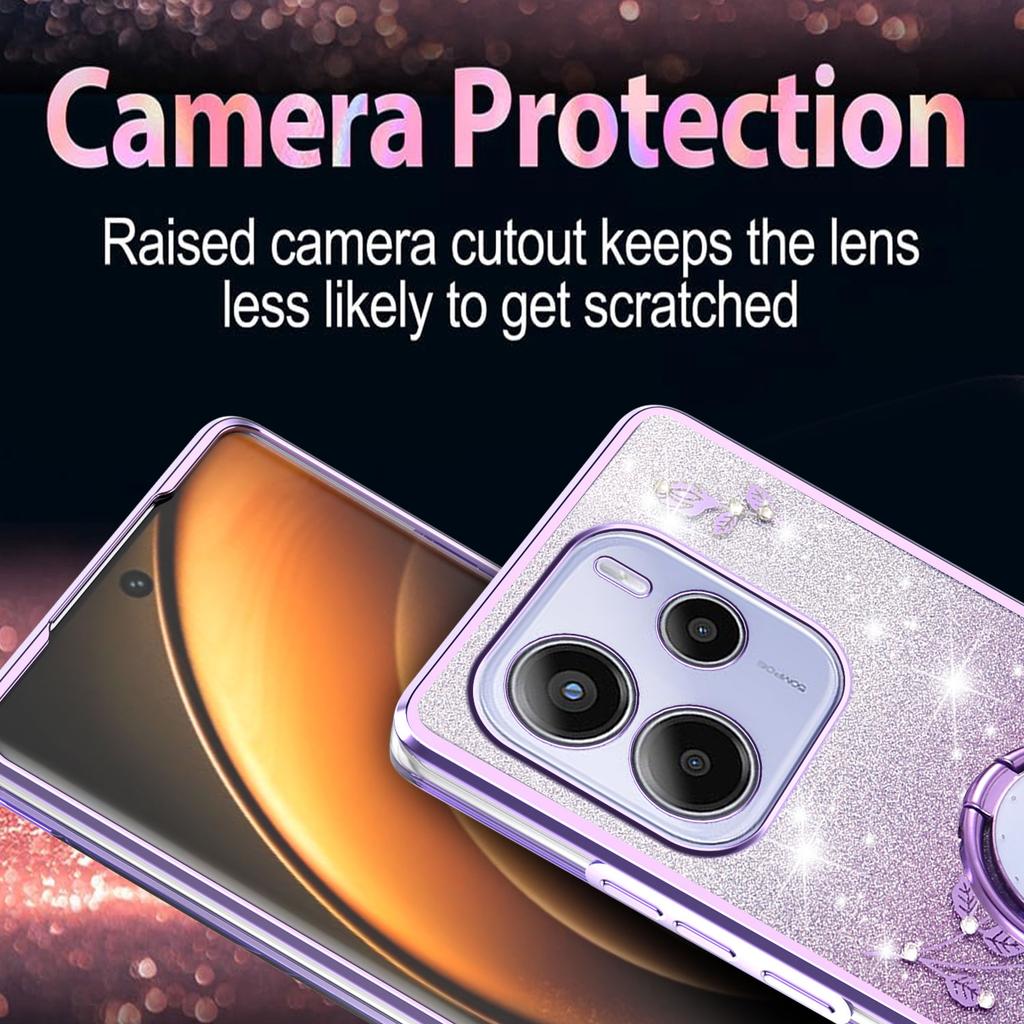 KADEM For Xiaomi Redmi Note 14 4G (164.84mm) Case Ring Kickstand TPU Flowers Phone Cover Gradient Glitter