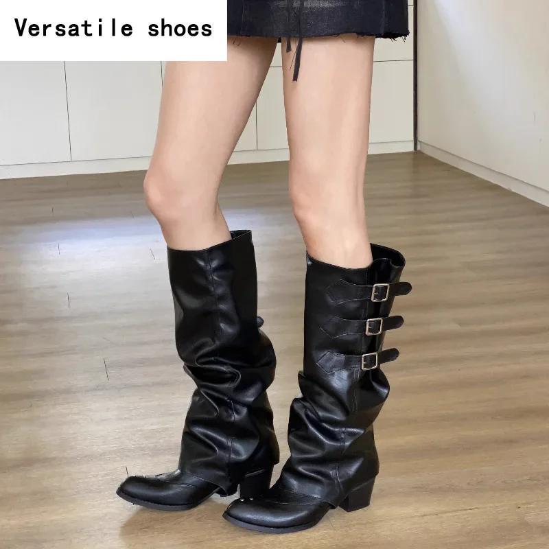 Dámské západní kovbojské boty móda se špičatou špičkou dlouhé boty dámské elegantní boty na silném podpatku zimní vyjímatelná dámská obuv