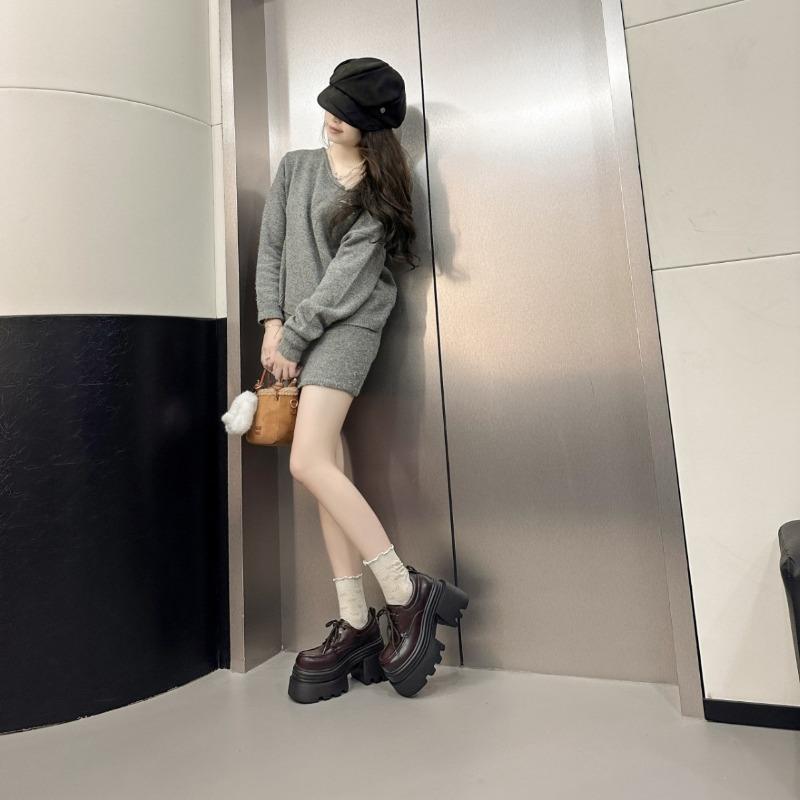 Cm Height Increase Women's Thick-soled British Small Leather Shoes Women's Autumn New Versatile and Thin Lace-up Single Shoes