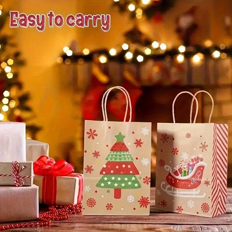 Handheld Christmas Gift Bag Kraft Paper with Handle  Printed Paper Bag Festive Gift Bag for Christmas Presents Party Supplies