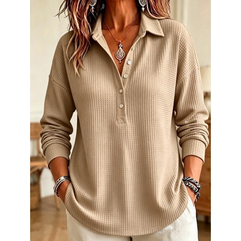 Damen S Waffelstrick Langarm Pullover T-Shirt Lässig Lockerer Schnitt