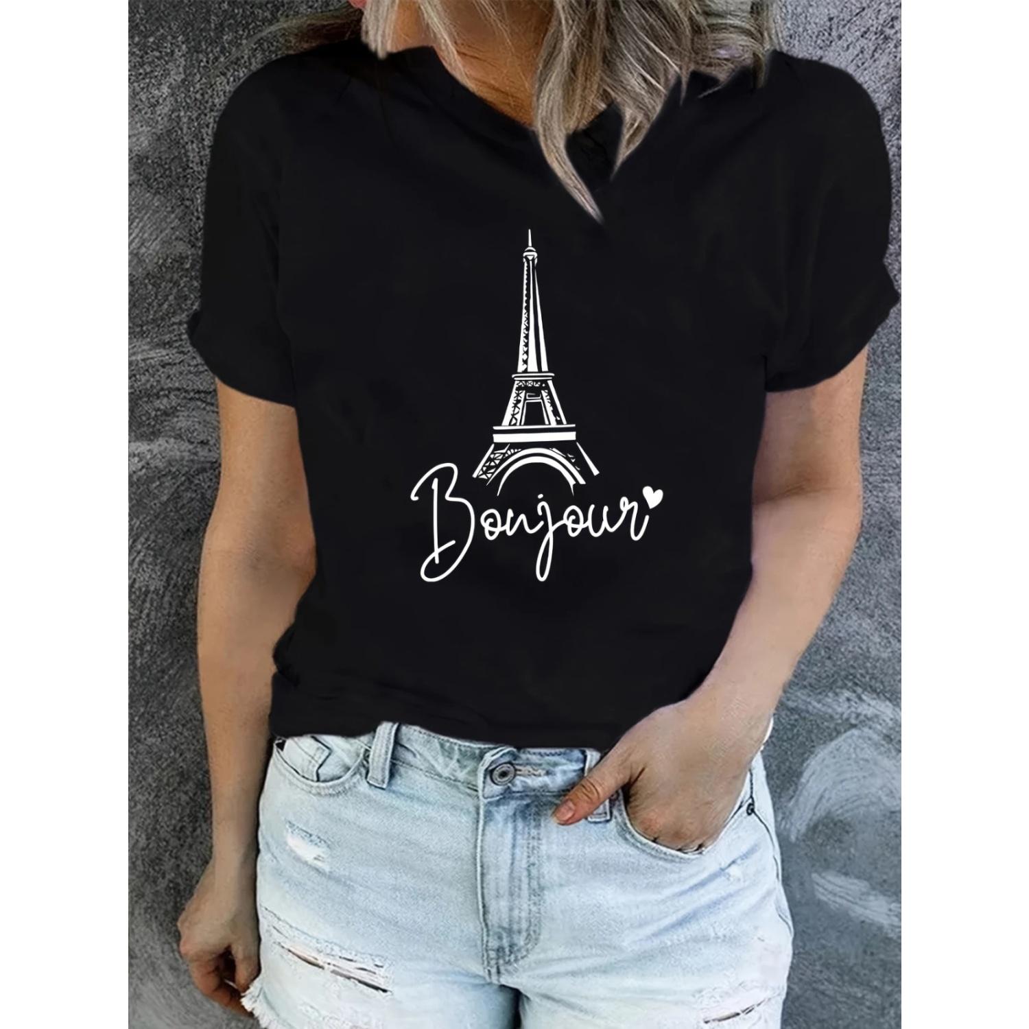 

Bonjour Letter Eiffel Tower Printing Women s Soft Comfy Summer T-Shirt with Heart Design Casual Crew Neck Machine Washable S чёрный