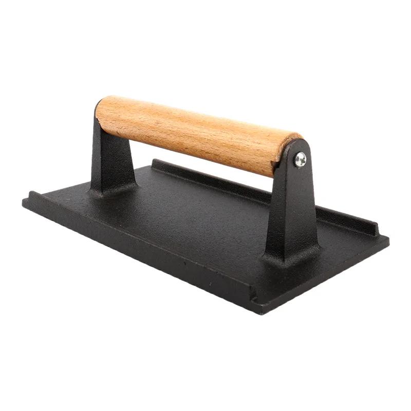1pc Cast Iron Grill Press Rectangle Cast Wood Handle Meat Steak Bacon Squid Grill Fried Sandwich BBQ Pressure Plate Cooking Tool