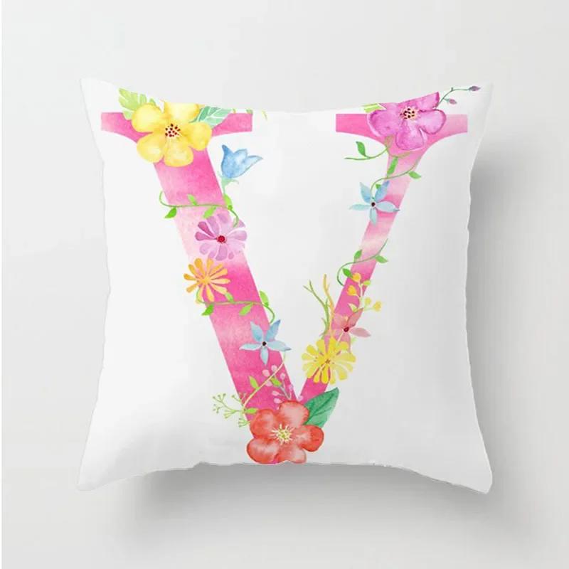 Flower 26 Letters Alphabet Decorative Cushion Cover Polyester Pillowcase Throw Pillow Cover Home Decor Fundas De Cojin 45X45Cm