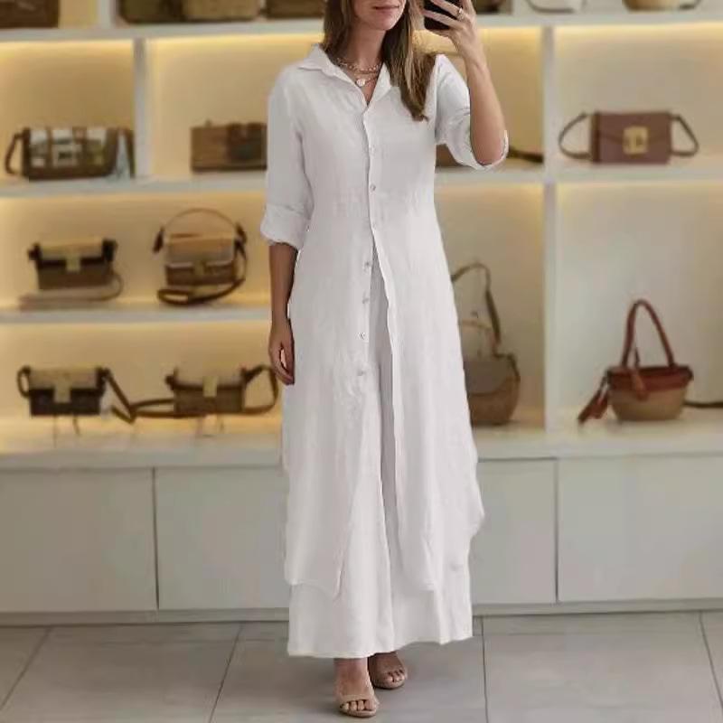 

Женское платье-рубашка с длинным рукавом, разрезом по низу, застежкой на пуговицах спереди, на ощупь как лен, свободного кроя, повседневное платье-туника, доступно в больших размерах S белый