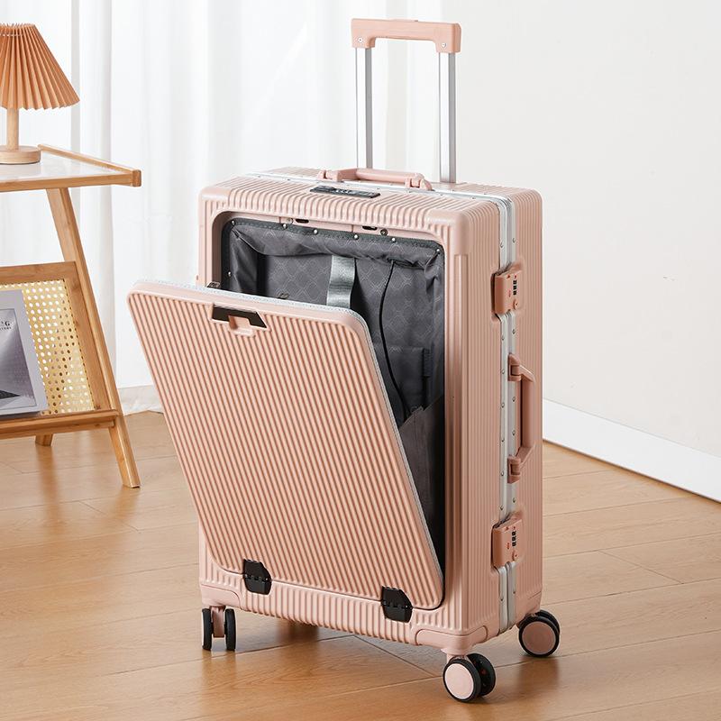 Front Opening Multifunctional Rolling Aluminum Frame Laptop Luggage with Spinner Wheels - Carry On Travel Suitcase with Combination Lock for Men Women
