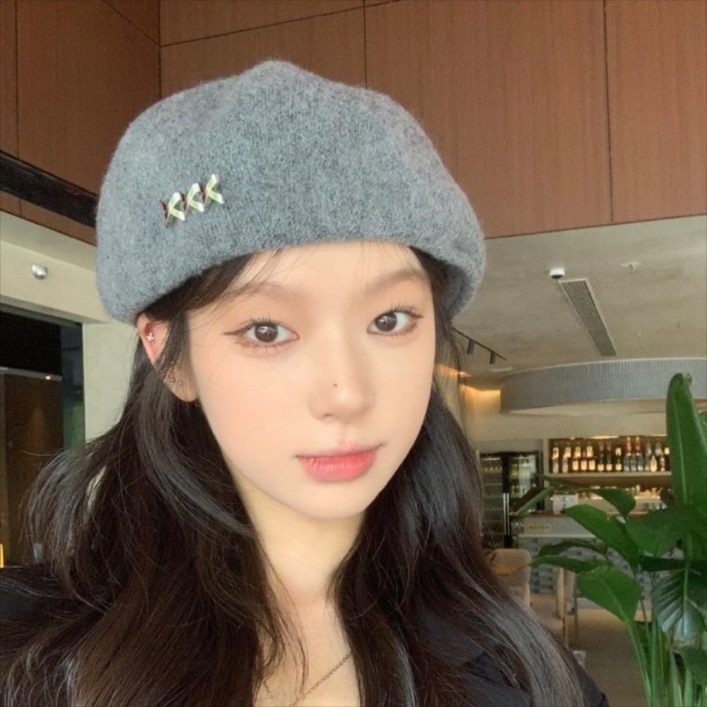 Metal Label Artist Cap Knitted Octagonal Cap Elegant Woolen Berets Party