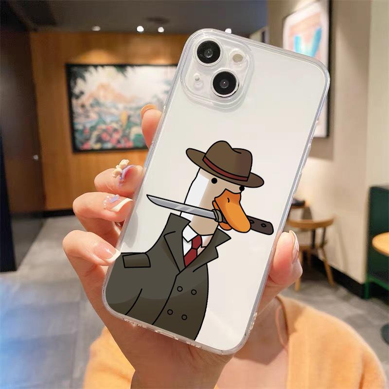 Cute Duck Cartoon Doubt Transparent Phone Case For iPhone 15 14 13 12 mini 11 Pro Max XS X XR SE 7 8 Plus Straight Edge Cover