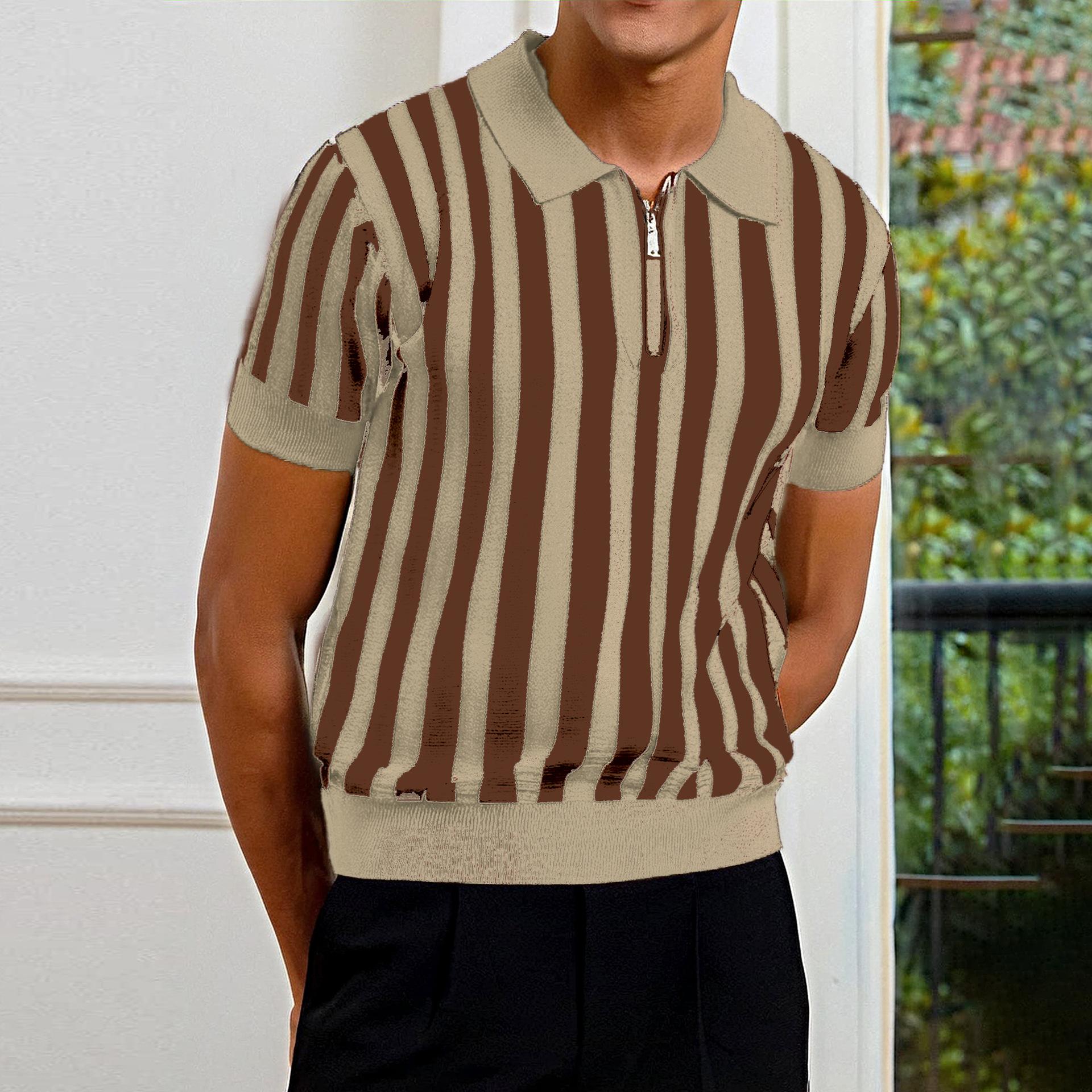 

Men S Contrasting Striped Short-Sleeved Knitted Polo Shirt Lapel High-End Paul Top 3XL