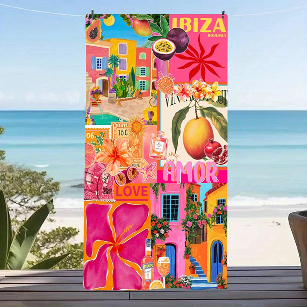 Ibiza Tropical Fruit Floral Bohemian Collage Beach Towel For Beach Vacation Swimming Camping Outdoor Travel Pool Side Use