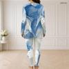 Women Plus Size Two Piece Pants Set Half Zip Neck Long Sleeve Blue White Printed Longline Top Fitted Pants